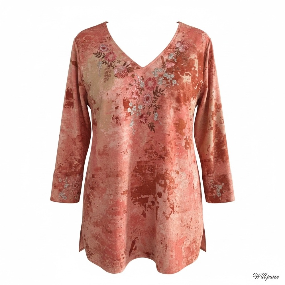 Susan Graver XL Coral Floral Embroidered Stretch Tunic V-Neck Split Cuff EUC
